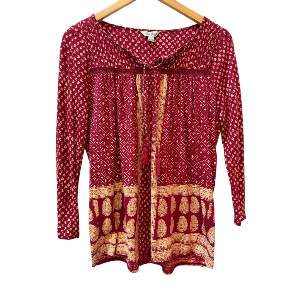 Lucky Brand Blouse Womens Small Red Paisley Tassel Peasant Top Boho Cotton Modal